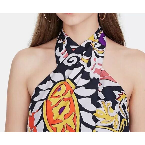 NWT J. CREW Blue Yellow Paisley 100% Silk Sarong Boho Summer Midi Dress Size 14 - Picture 4 of 10